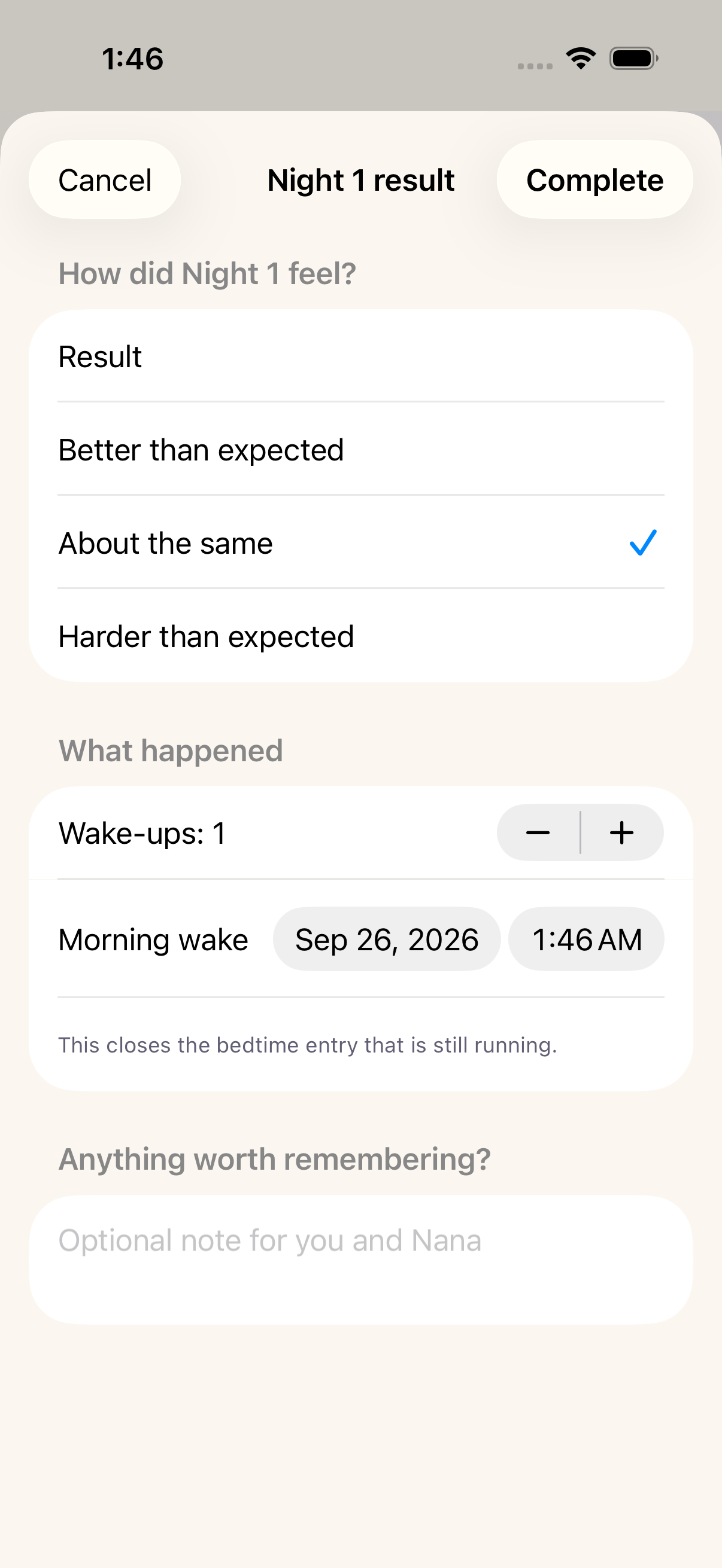 Sample Bimbi check-in screen with how the night felt, the number of wakings and an optional note