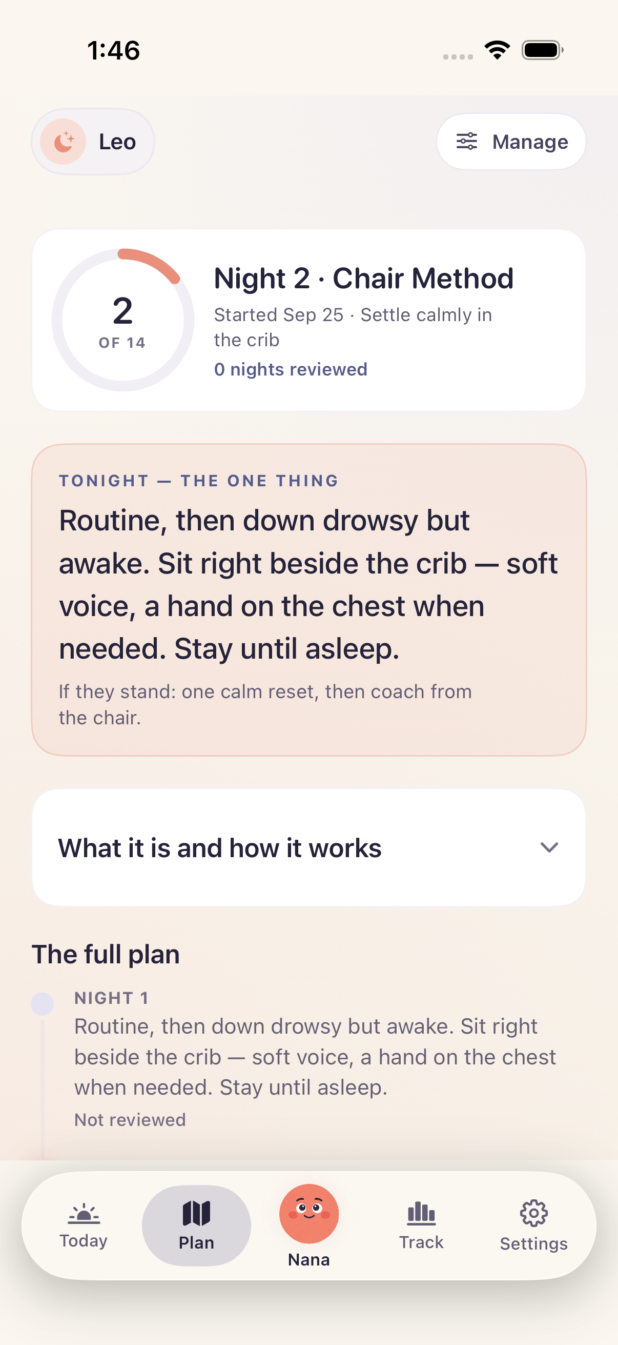 Bimbi app preview with sample data: a Chair Method plan on night 2, tonight’s focus, a method guide and the nightly plan