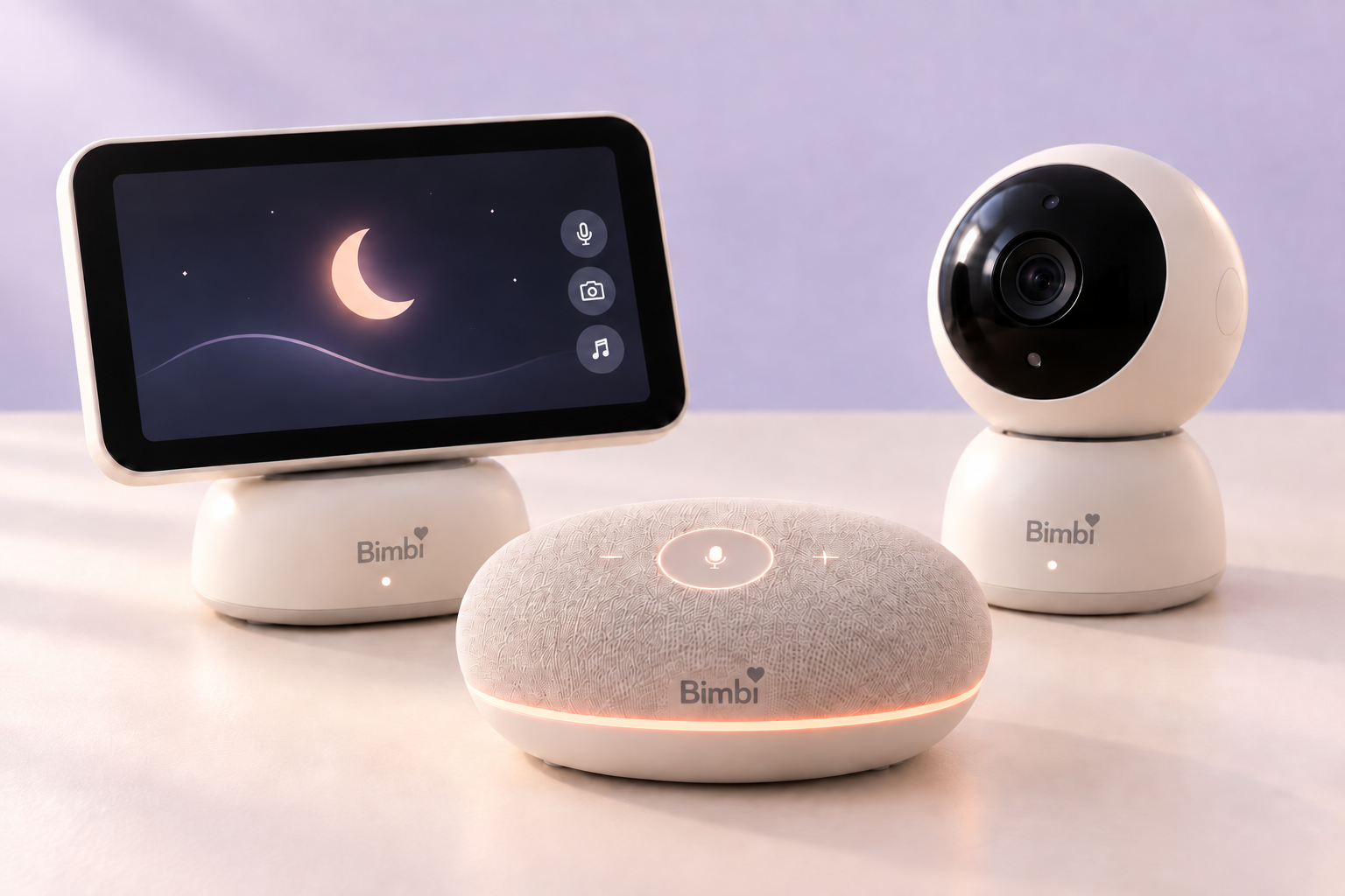 Bimbi design concepts: a cream nursery monitor, a rounded camera, and a soft fabric home speaker.