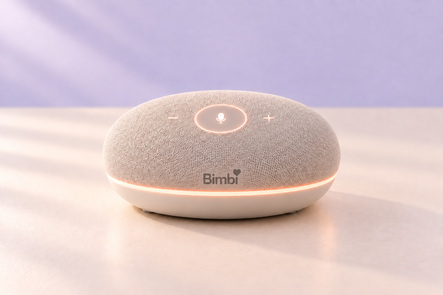 Soft fabric Bimbi Home speaker concept with a warm light around its base.