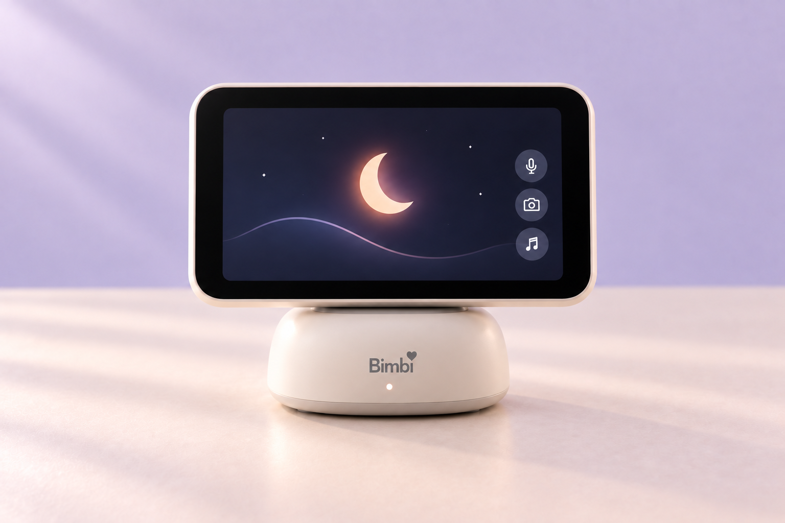 Cream Bimbi Monitor concept with a nursery display on its rounded charging base.